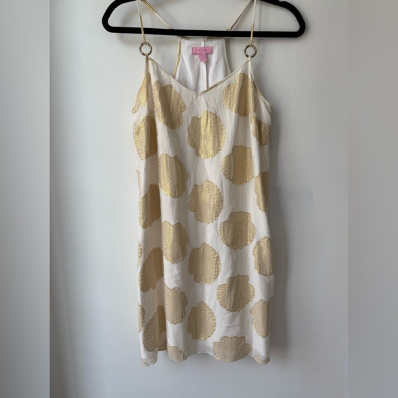 Lilly Pulitzer Dusk Silk Mini Dress, Gold Embroidered Shells | Size S - Picture 1 of 6
